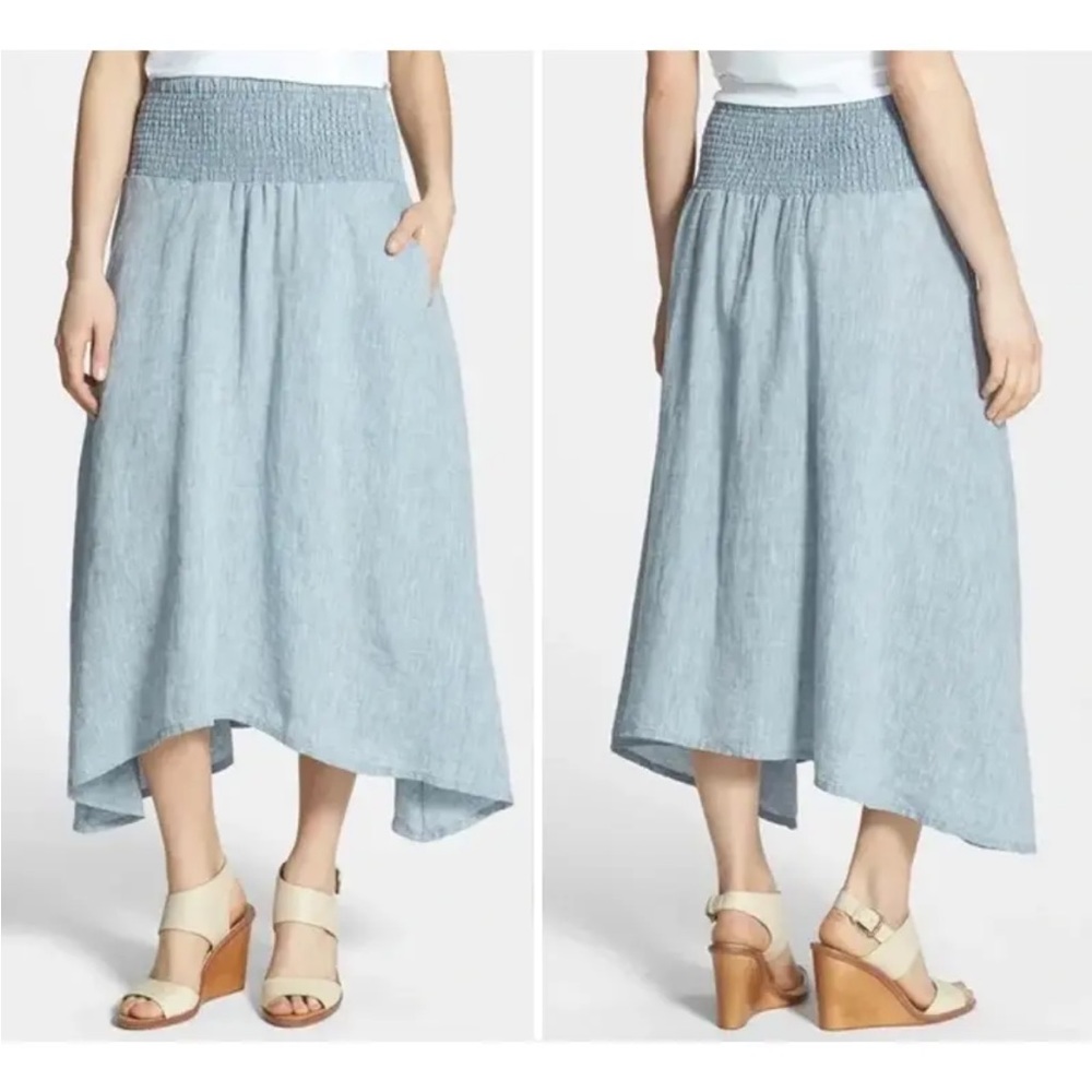 Eileen Fisher Organic Linen Blue Chambray Fit & Flare Midi Skirt XL Pockets
